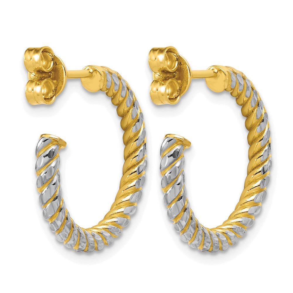 14K with Rhodium Polished and Diamond-cut J-Hoop Earrings