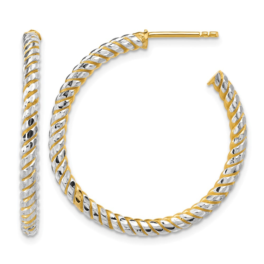 14K with Rhodium Polished and Diamond-cut J-Hoop Earrings
