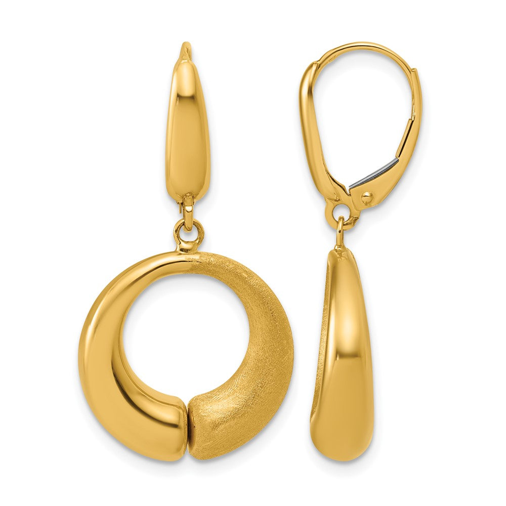 14K Polished and Brushed Circle Leverback Earrings