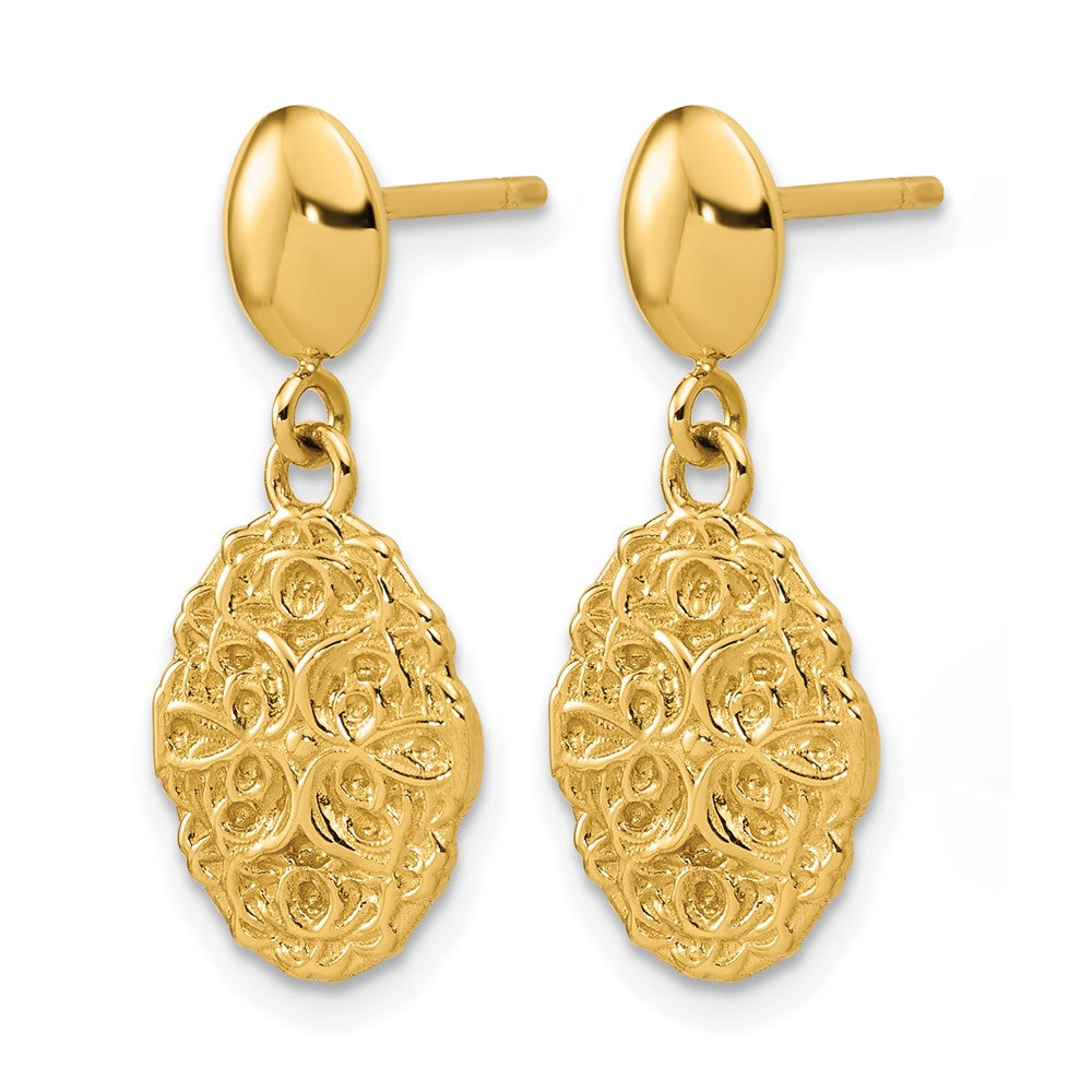14K Polished Oval Textured Dangle Post Earrings