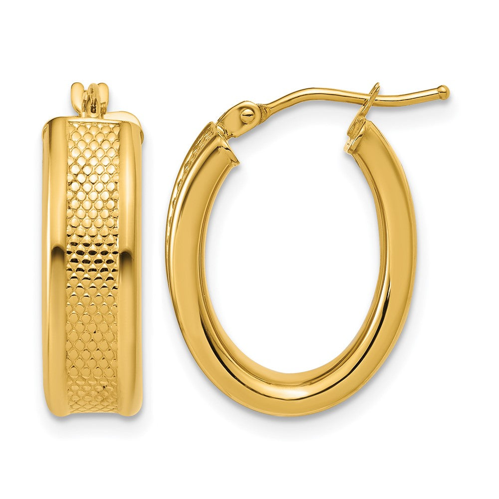 14K Polished and Textured Oval Hoop Earrings