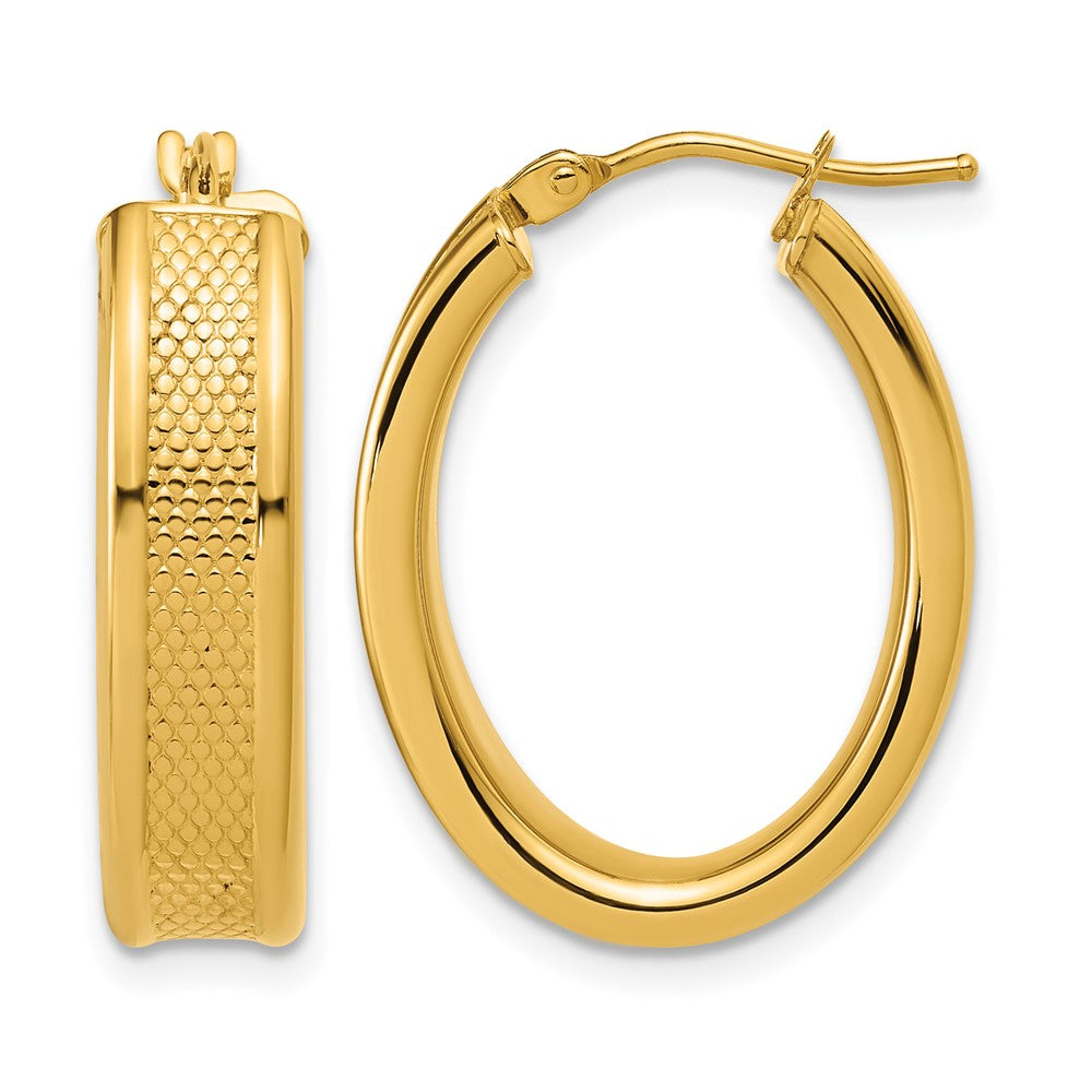 14K Polished and Textured Oval Hoop Earrings