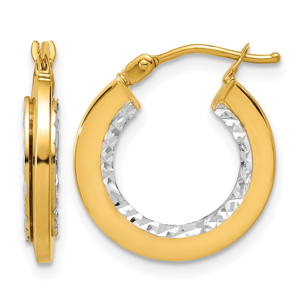14K with White Rhodium Polished and Diamond-cut Round Hoop Earrings
