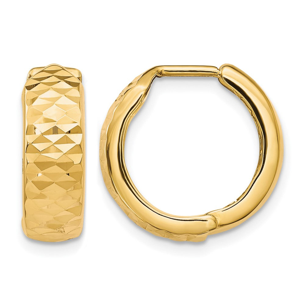 14K Polished and Diamond-cut Hinged Hoop Earrings