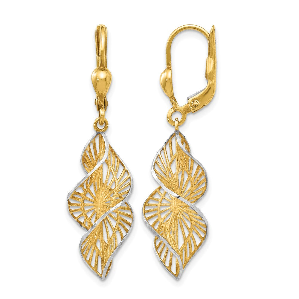 14K with White Rhodium Textured and Diamond-cut Leverback Earrings