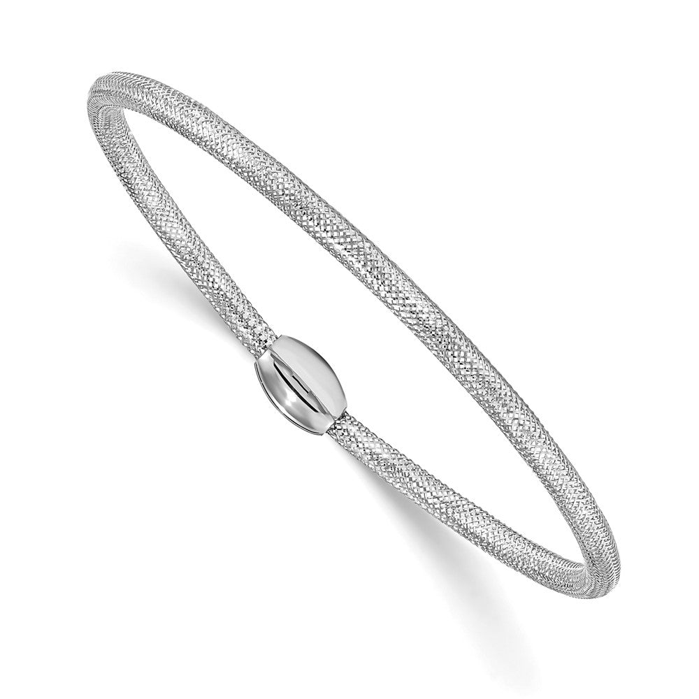 14K with White RH-plating Polished Mesh Stretch Bracelet