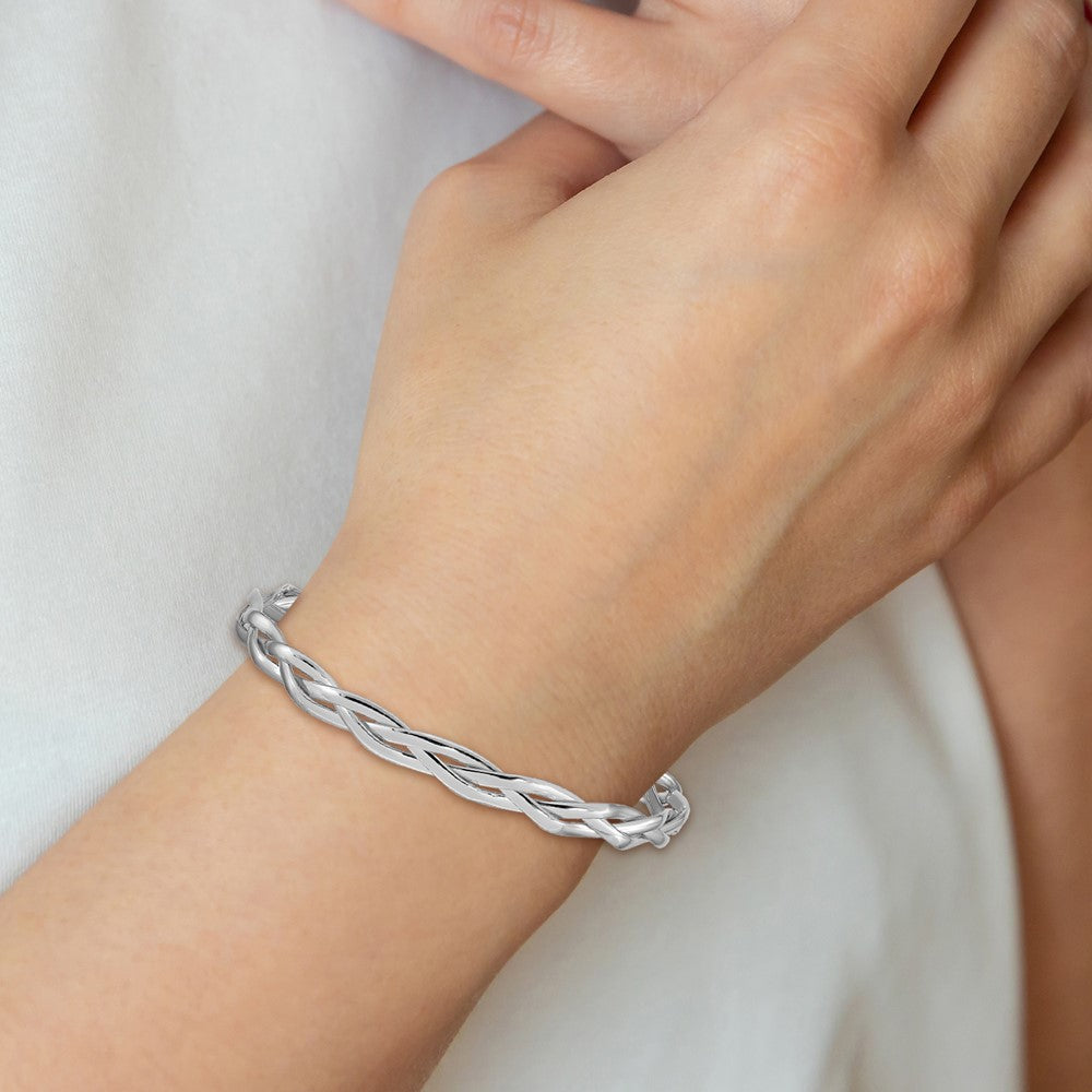 14K with White Rhodium Polished Braided Cuff Bangle