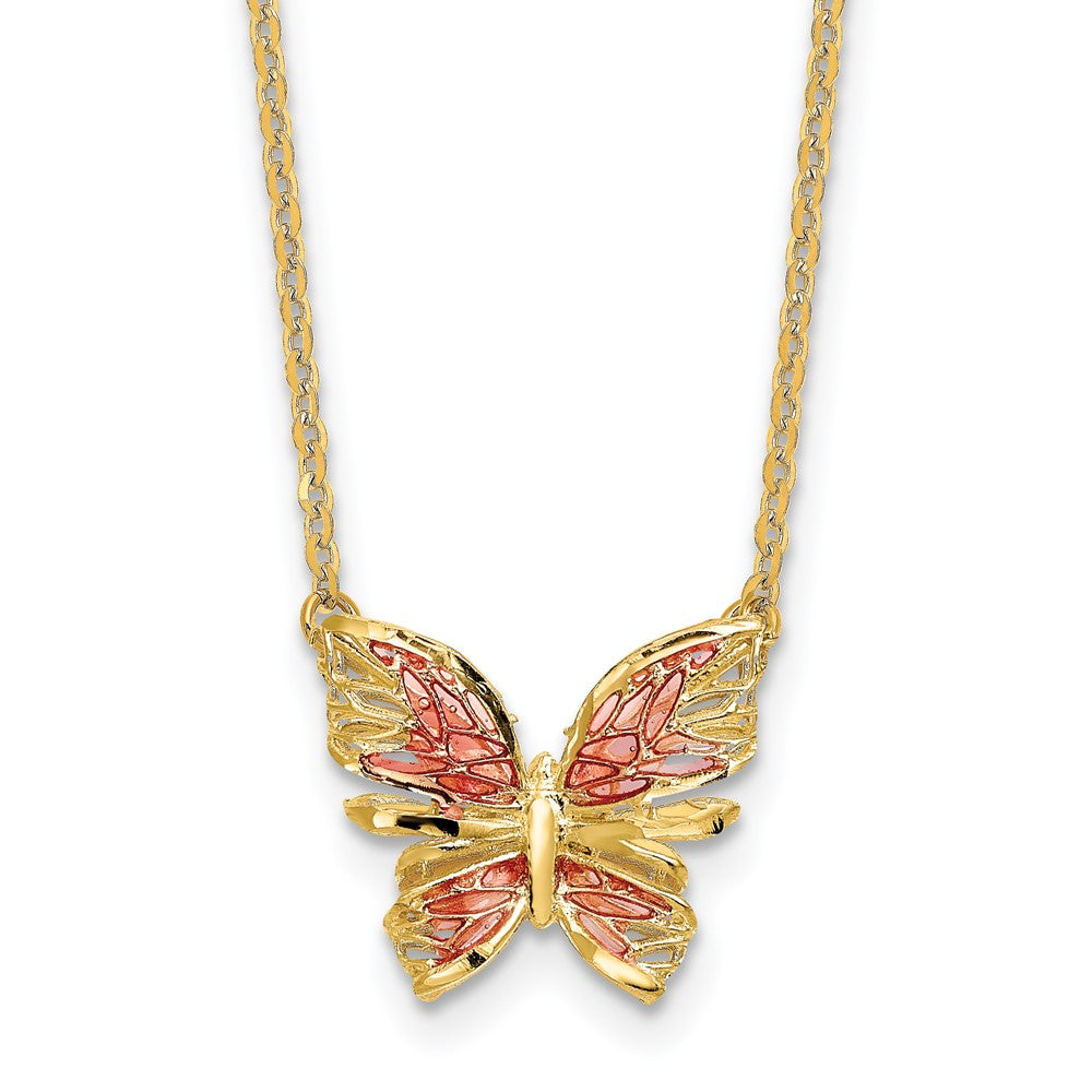 14K Polished Diamond-cut with Pink Enamel Butterfly Necklace