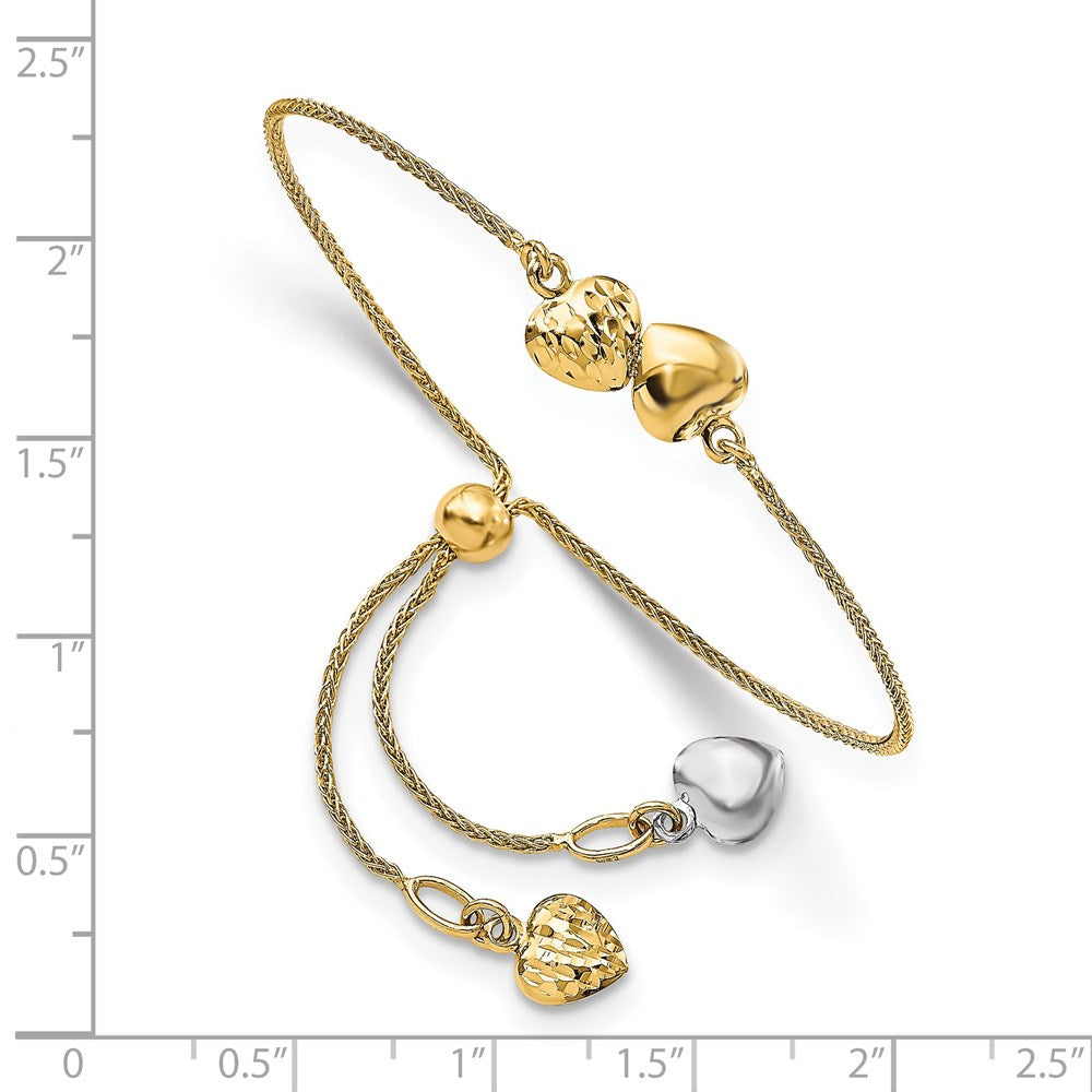 14K Two-tone Polished Diamond-cut Heart Adjustable Bracelet