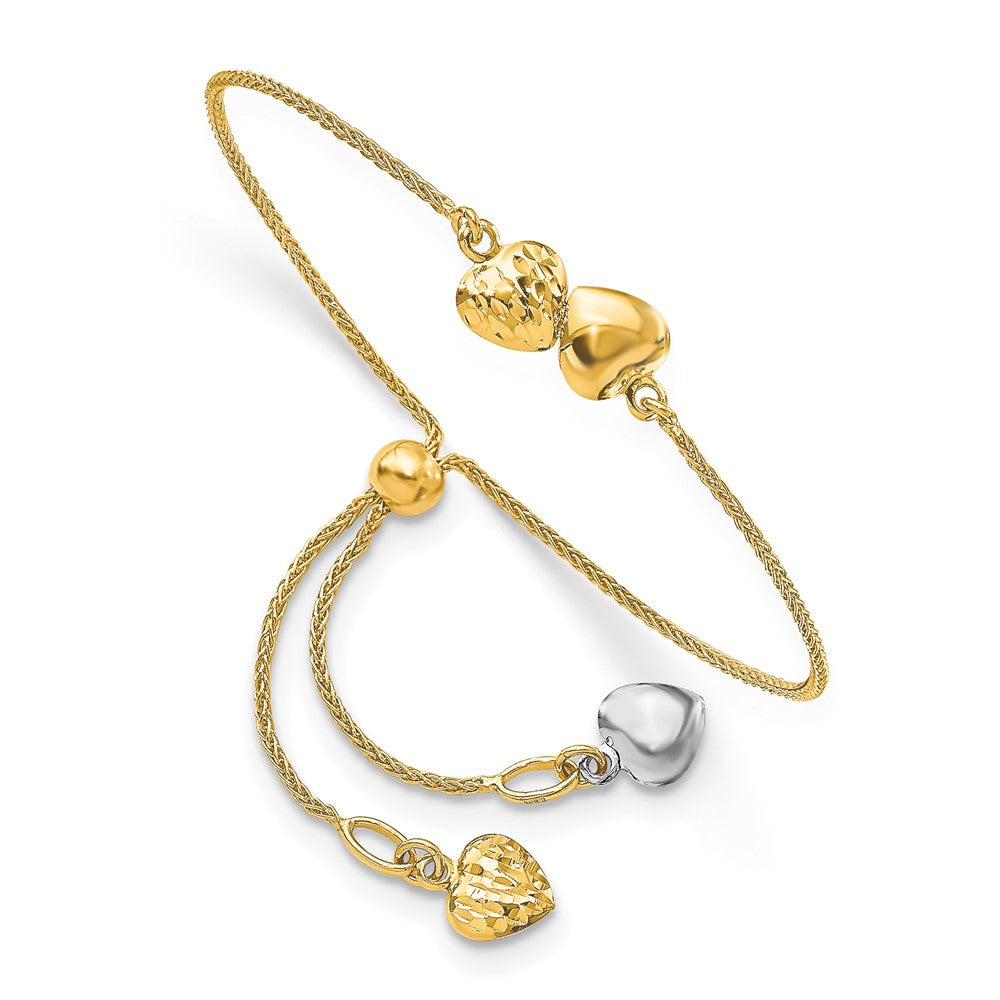 14K Two-tone Polished Diamond-cut Heart Adjustable Bracelet