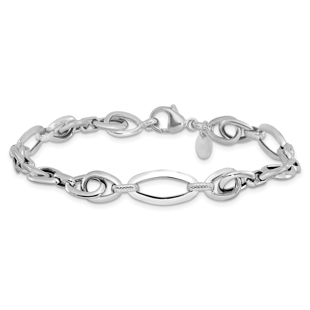 14K White Gold Polished Textured Fancy Link Bracelet