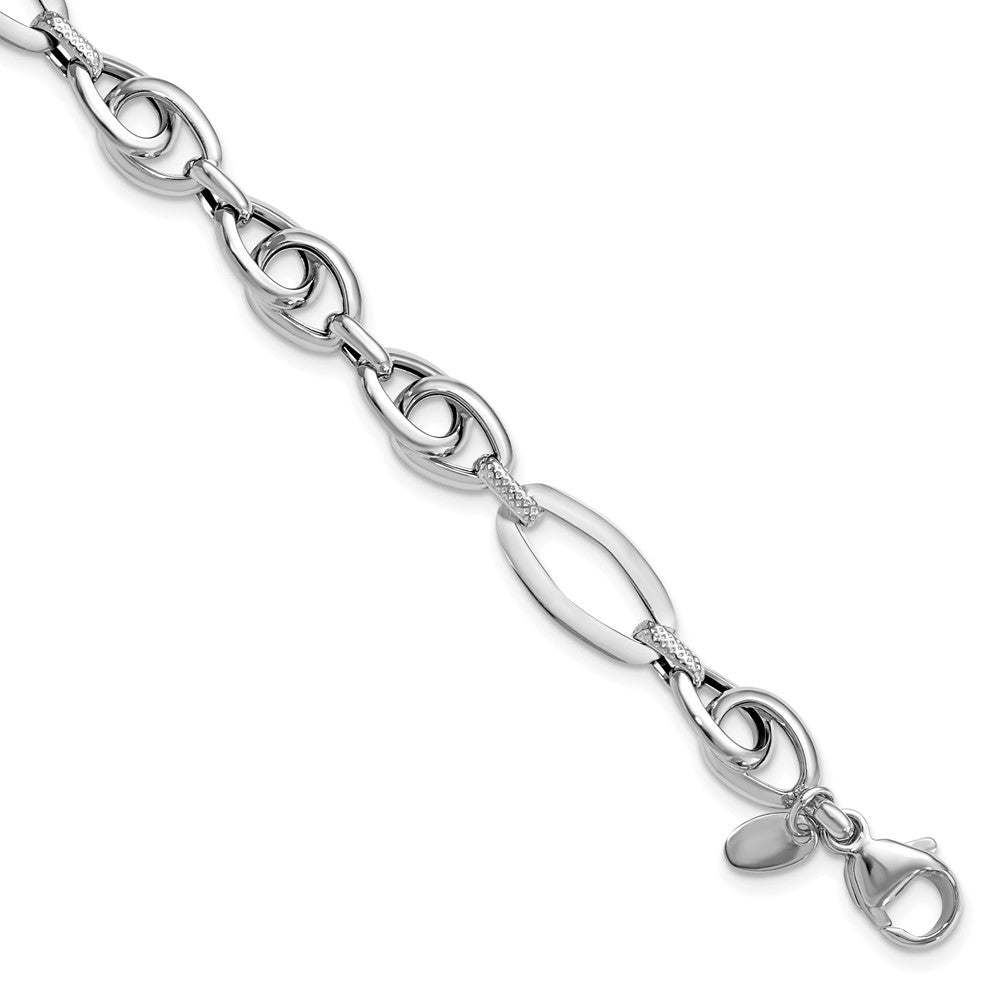 14K White Gold Polished Textured Fancy Link Bracelet
