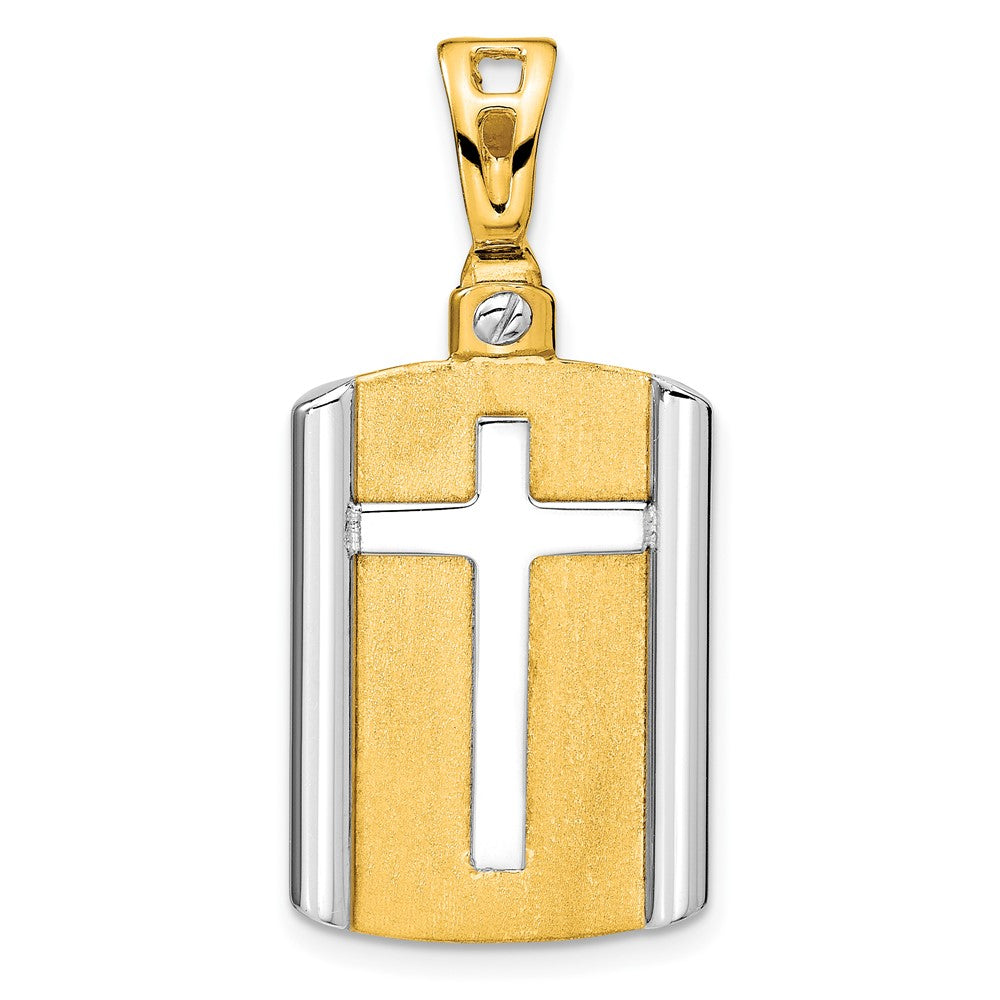 14K Two-tone Brushed Cross Dog Tag Pendant
