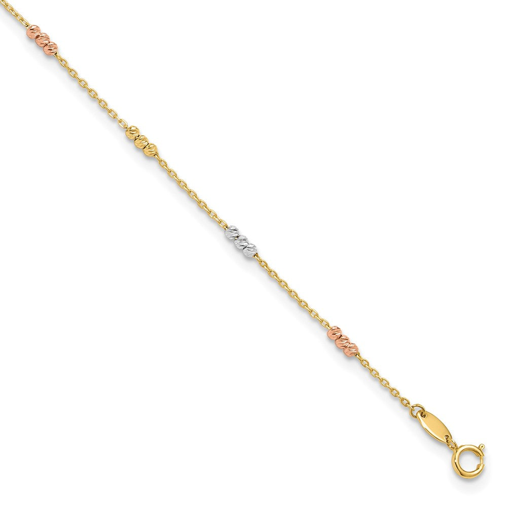 14K Tri-color Polished with Diamond-cut Beads 9in Plus 1in. ext. Anklet