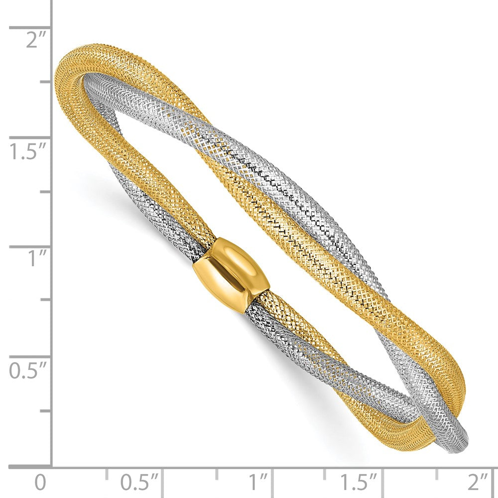 14K with Rhodium Mesh Twist Slip-on Stretch Bracelet