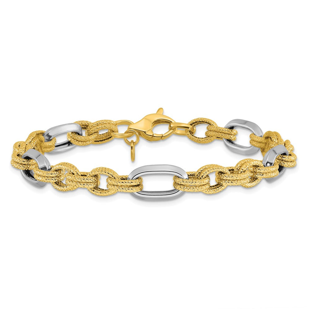 14K Two-tone Polished and Textured Fancy Link Bracelet