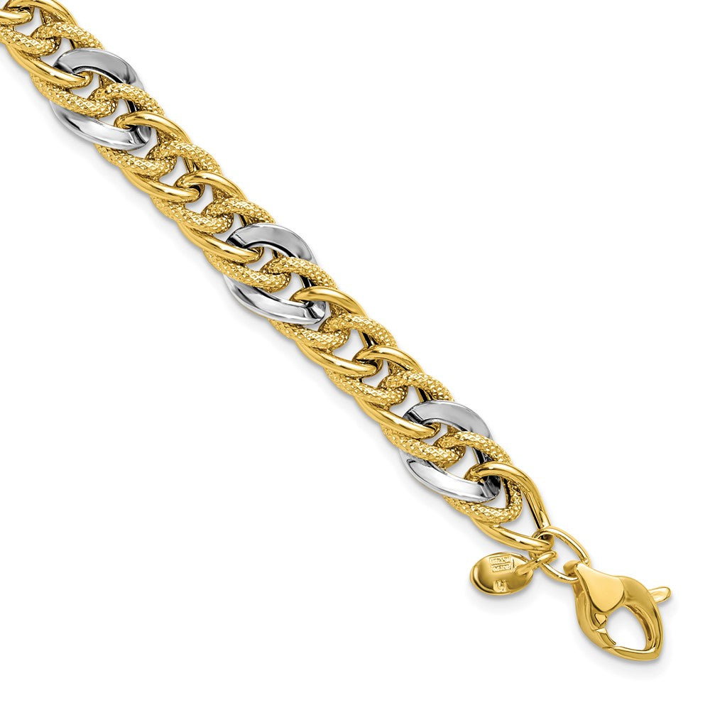14K Two-tone Polished and Textured Fancy Link Bracelet
