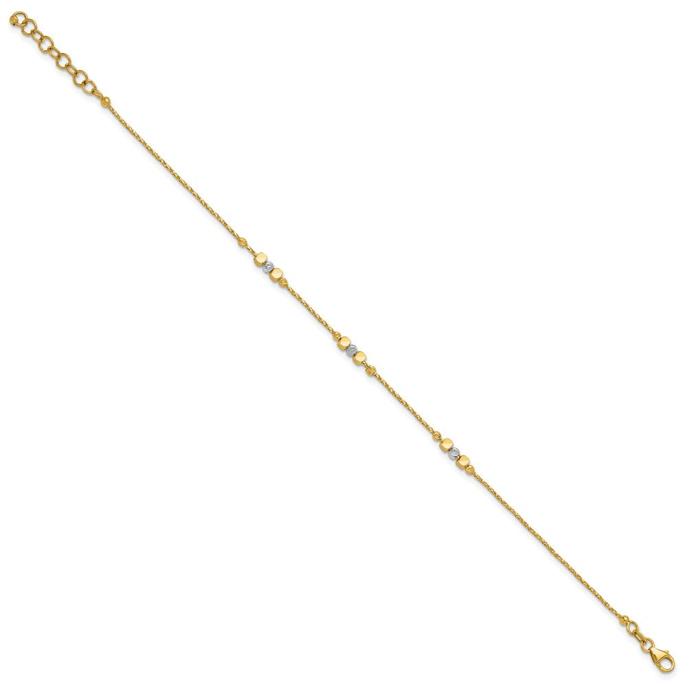 14K Two-tone Pol/Texture/Dia-cut Beads with 1in ext. Bracelet