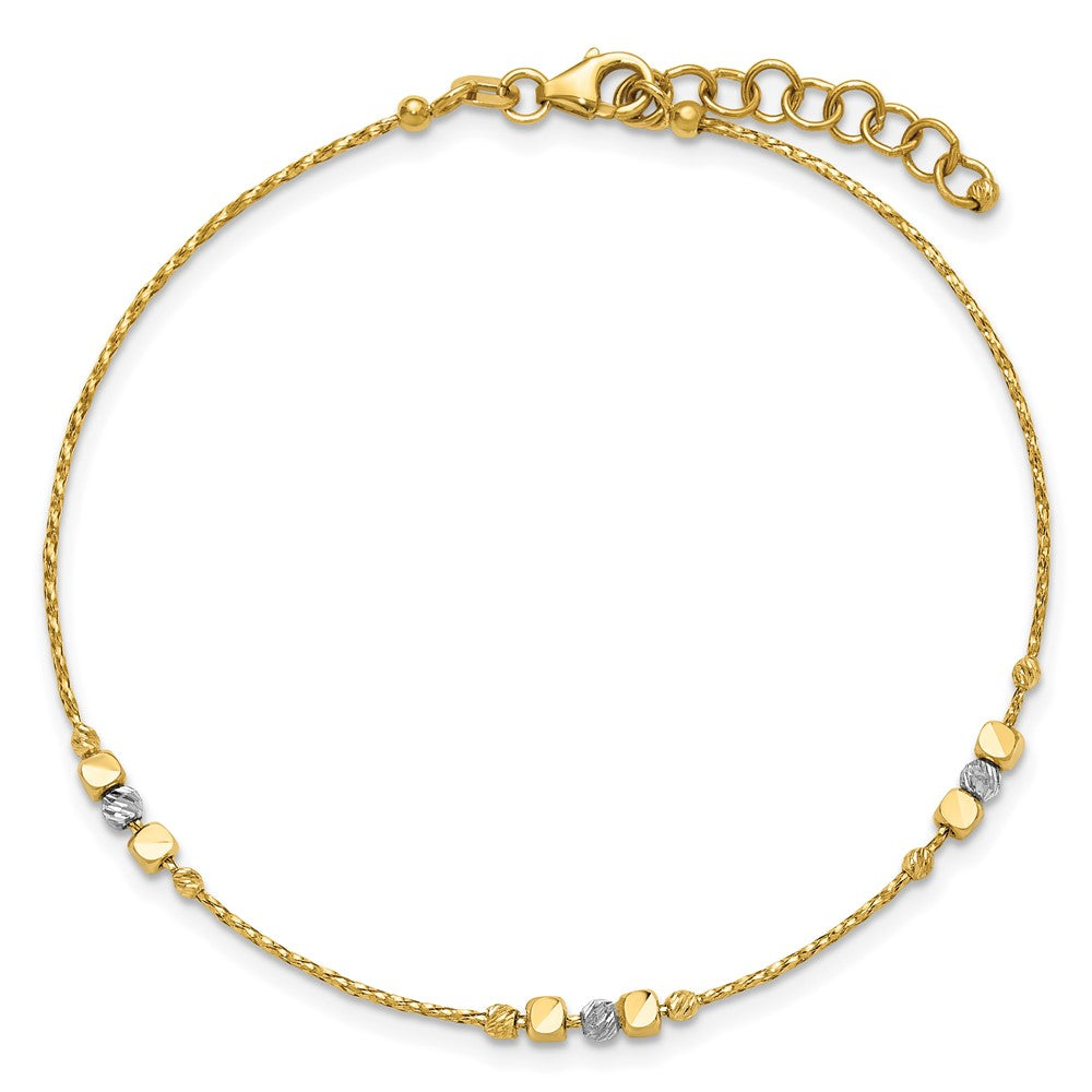 14K Two-tone Pol/Texture/Dia-cut Beads with 1in ext. Bracelet