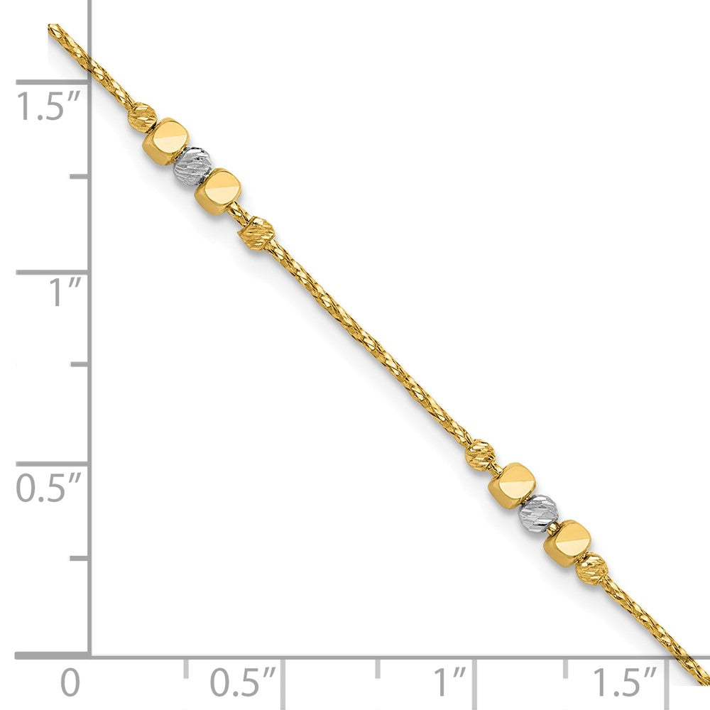 14K Two-tone Pol/Texture/Dia-cut Beads with 1in ext. Bracelet