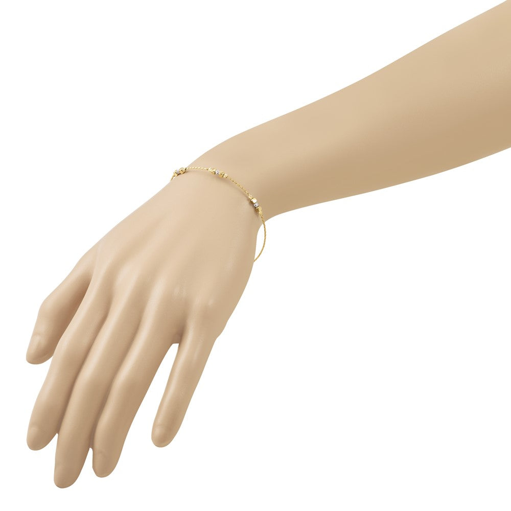 14K Two-tone Pol/Texture/Dia-cut Beads with 1in ext. Bracelet