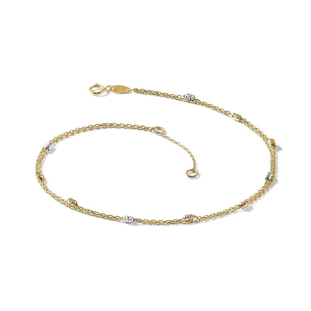 14K Tri-color Polish/Dia-cut 2-Strand 9in Plus 1in ext. Anklet
