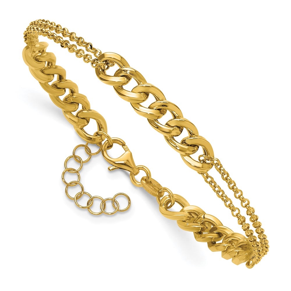 14K Polished/Dia-cut 2-Strand Fancy Link with 1in ext. Bracelet