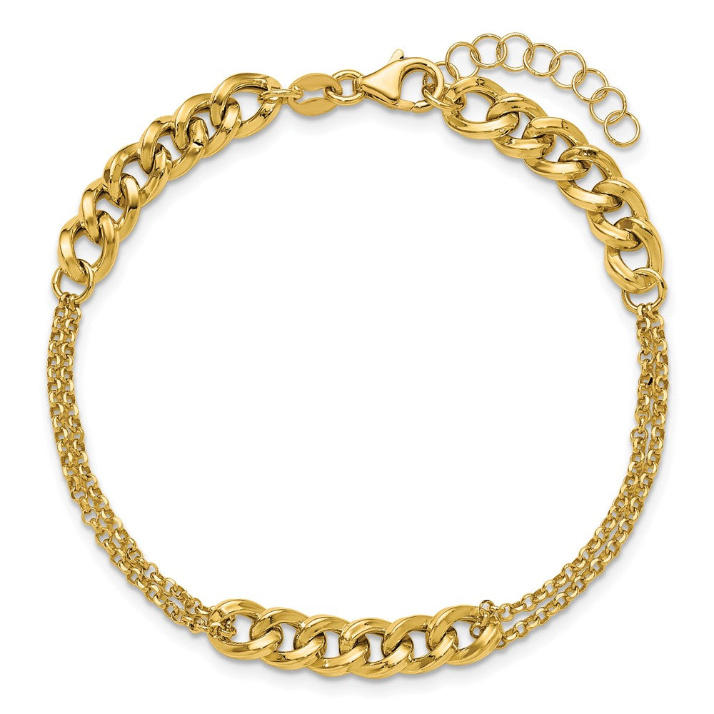 14K Polished/Dia-cut 2-Strand Fancy Link with 1in ext. Bracelet