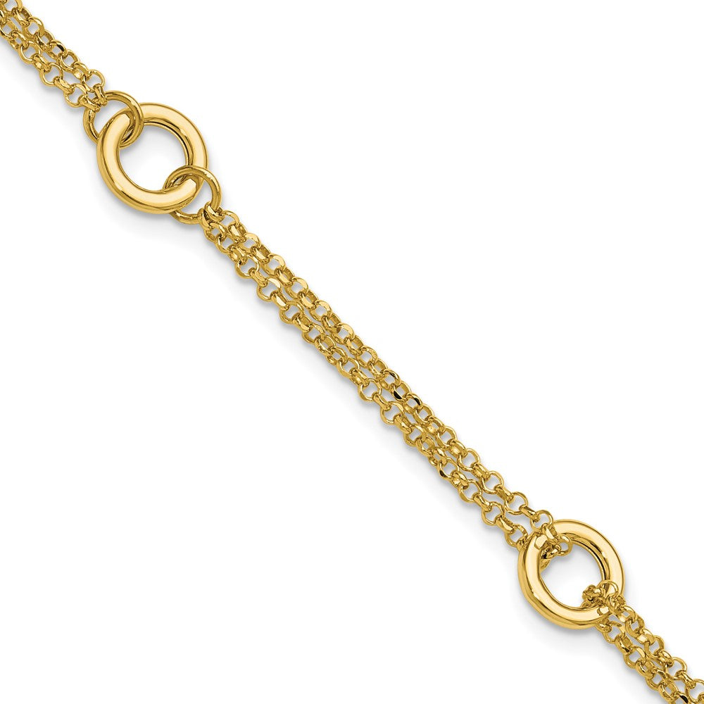 14K Polished/Dia-cut 2-Strand Circle Link with 1in ext. Bracelet