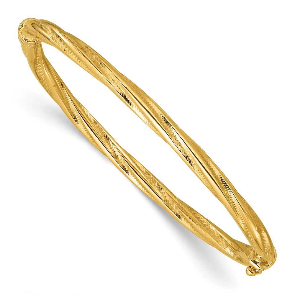 14K Polished and Textured Twist Hinged Bangle
