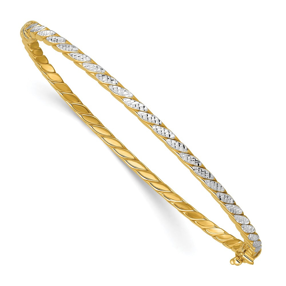 14K with Rhodium Polished and Diamond-Cut Hinged Bangle