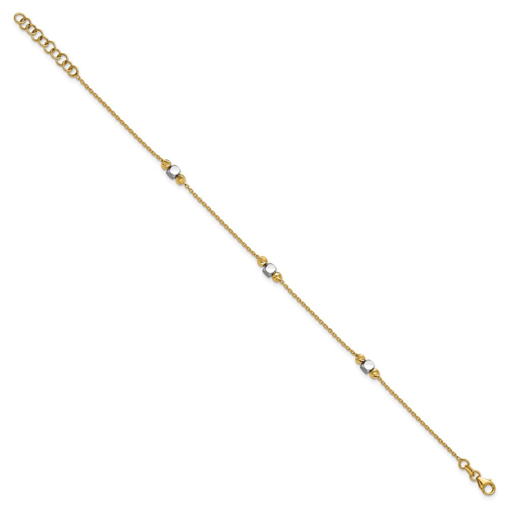 14K Two-tone Polished / Dia-cut Beads with 1in ext. Bracelet