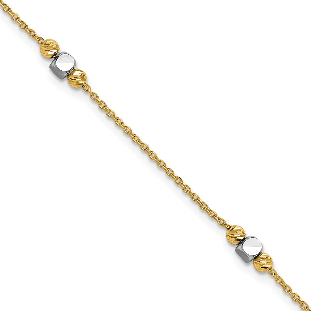 14K Two-tone Polished / Dia-cut Beads with 1in ext. Bracelet
