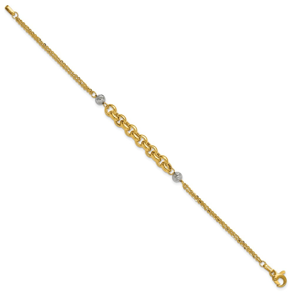 14K with White Rhodium Polished Diamond-cut 2-Strand Rolo Link Bracelet
