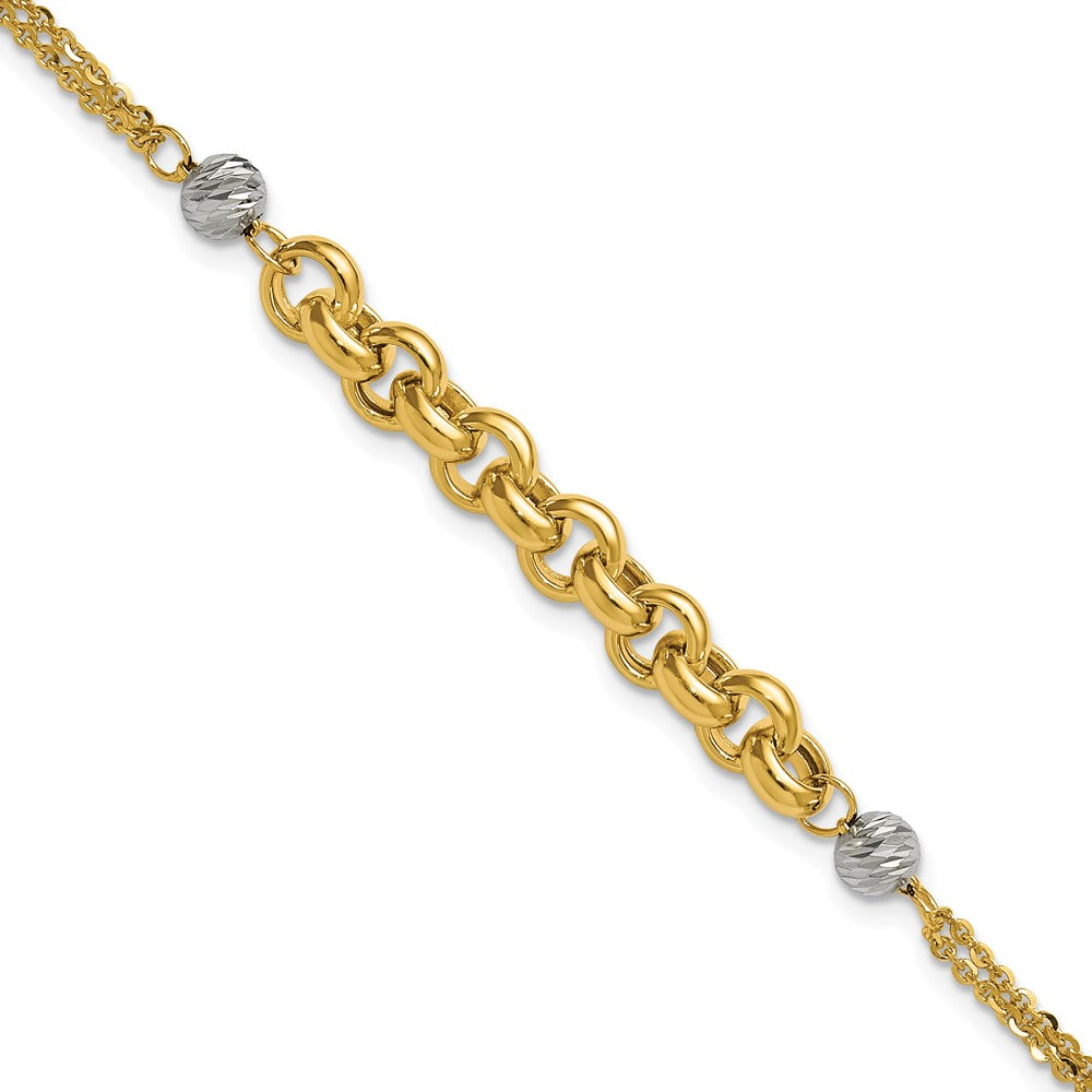 14K with White Rhodium Polished Diamond-cut 2-Strand Rolo Link Bracelet
