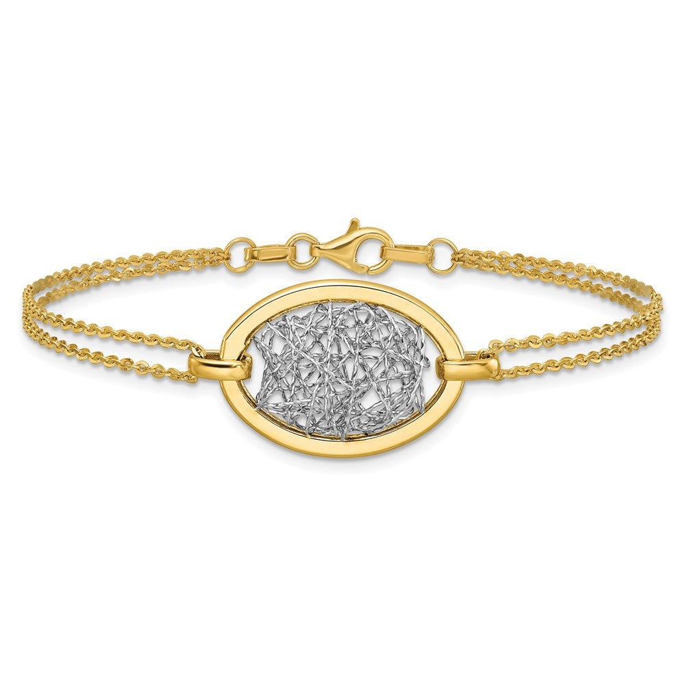 14K with White Rhodium Polished Diamond-cut Fancy Oval 2-Strand Bracelet