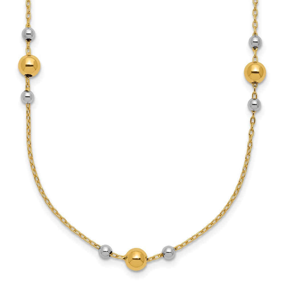 14K with White Rhodium Polished / Beaded Station Necklace