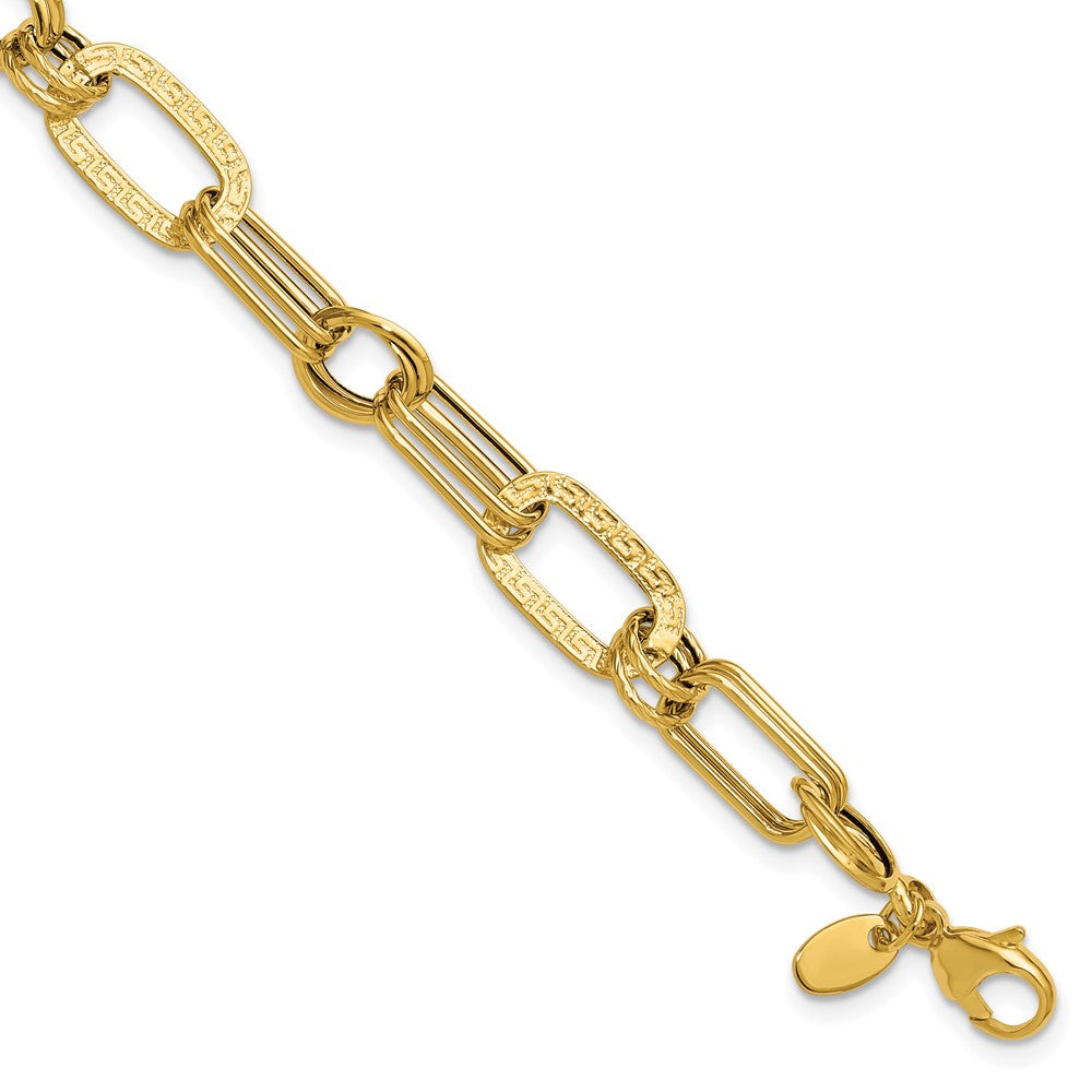 14K Polished and Textured Fancy Greek Key Link Bracelet