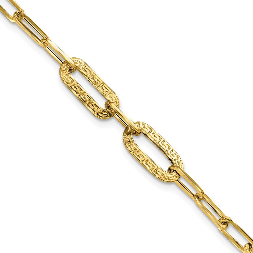 14K Polished Textured Greek Key Paperclip Link Bracelet