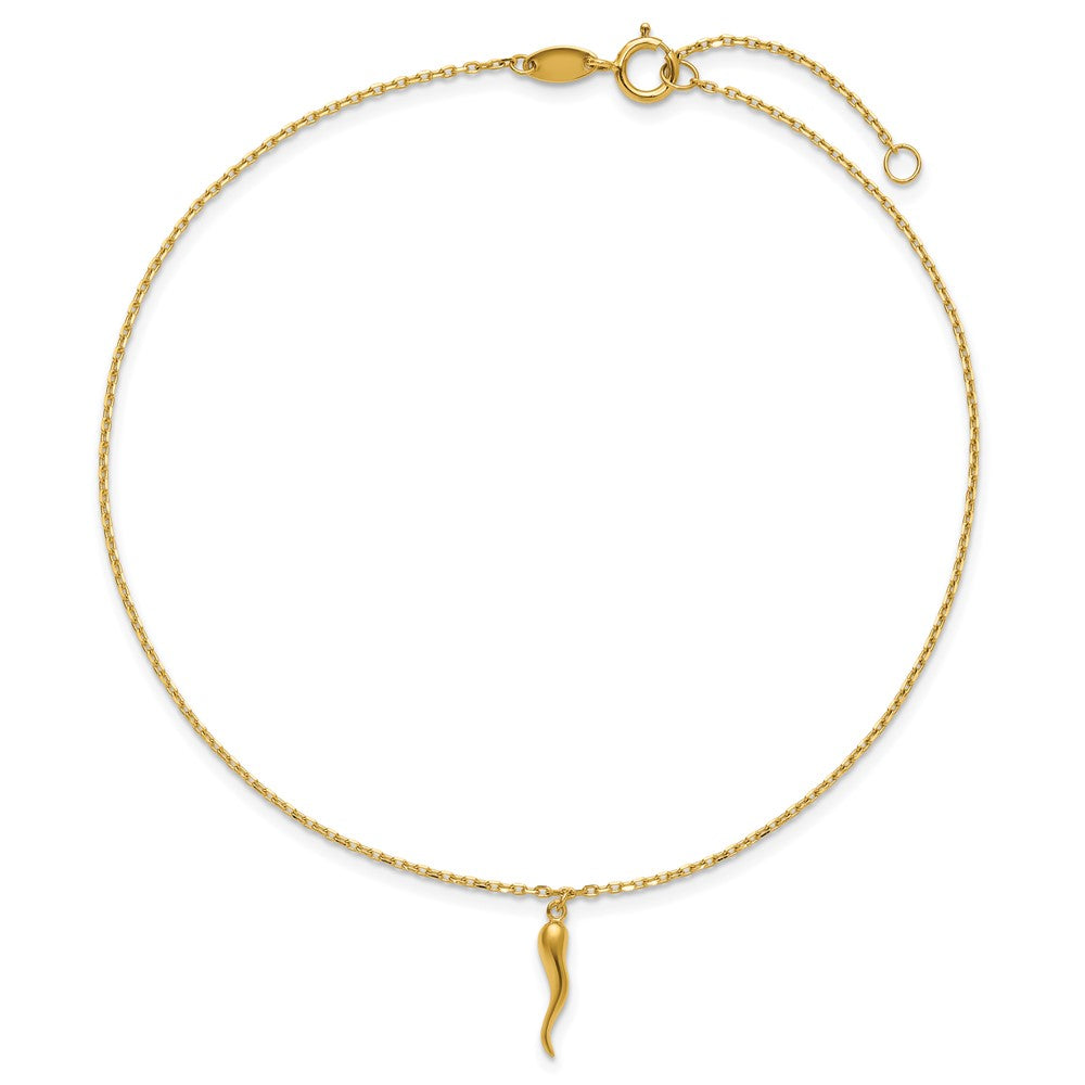 14K Polished Italian Horn 9in Plus 1in ext. Anklet