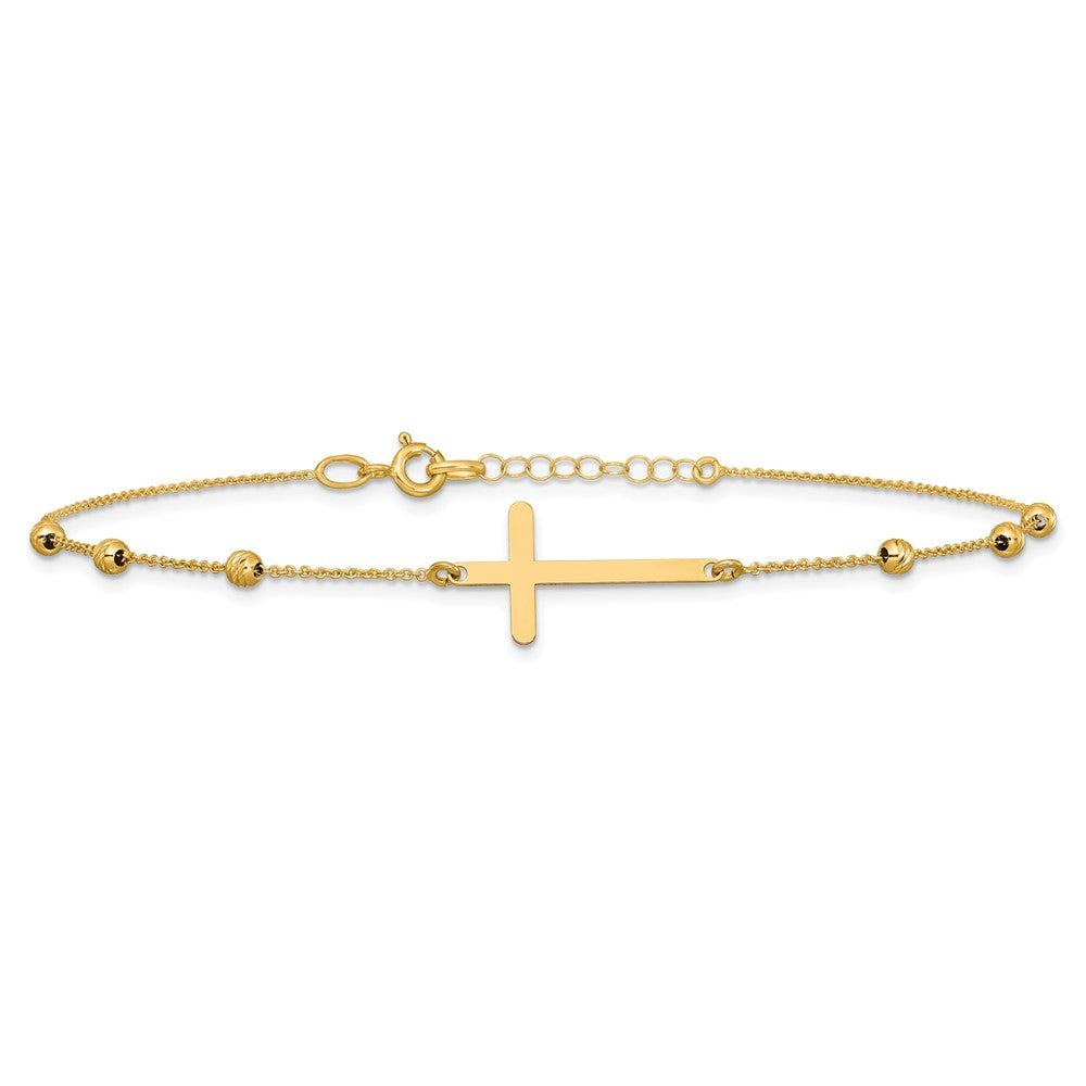 14K Polished/Diamond-cut Cross and Beads 9in Plus 1in ext. Anklet