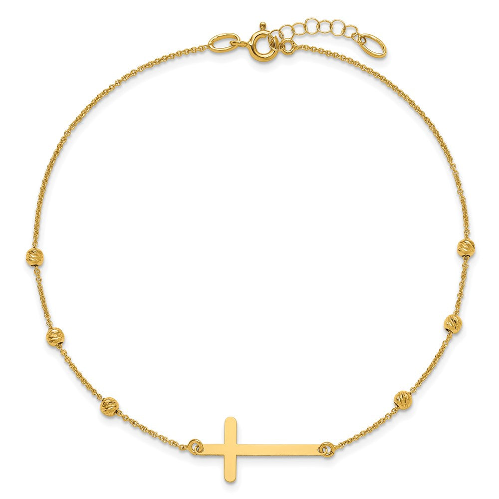 14K Polished/Diamond-cut Cross and Beads 9in Plus 1in ext. Anklet