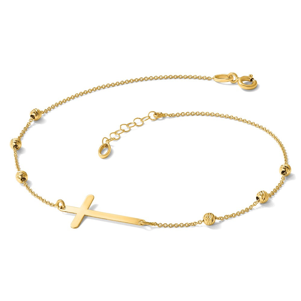 14K Polished/Diamond-cut Cross and Beads 9in Plus 1in ext. Anklet