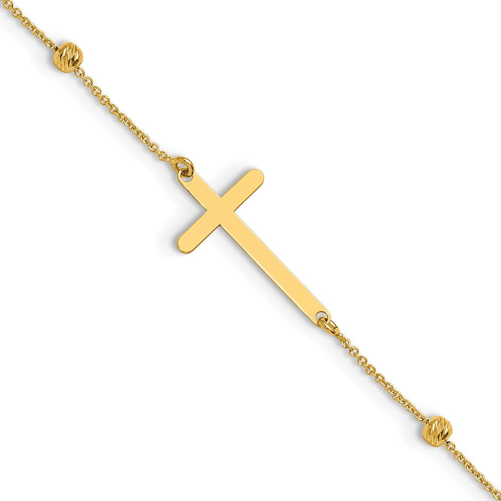 14K Polished/Diamond-cut Cross and Beads 9in Plus 1in ext. Anklet
