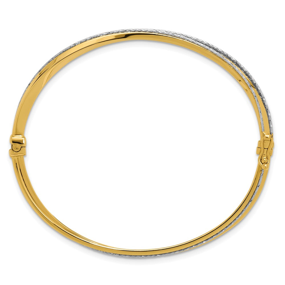 14K with Rhodium Polished and Diamond-Cut Hinged Bangle