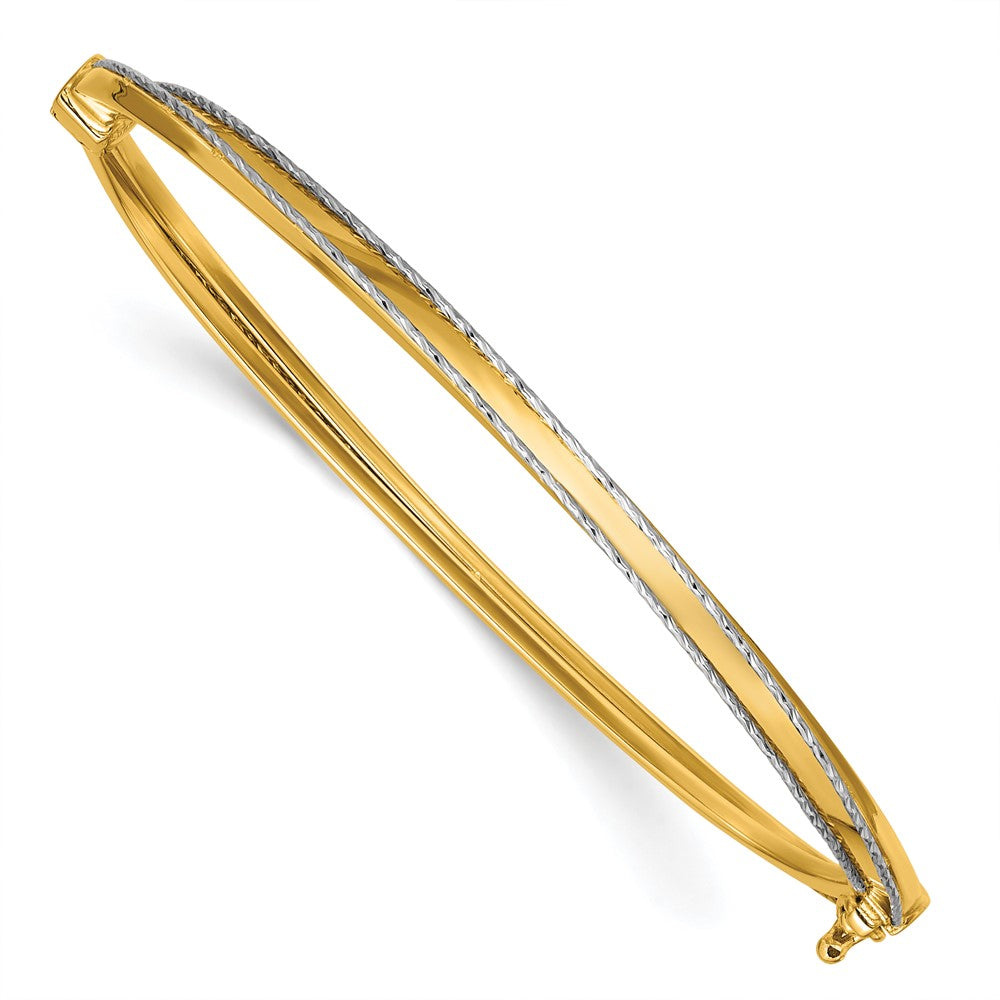 14K with Rhodium Polished and Diamond-Cut Hinged Bangle