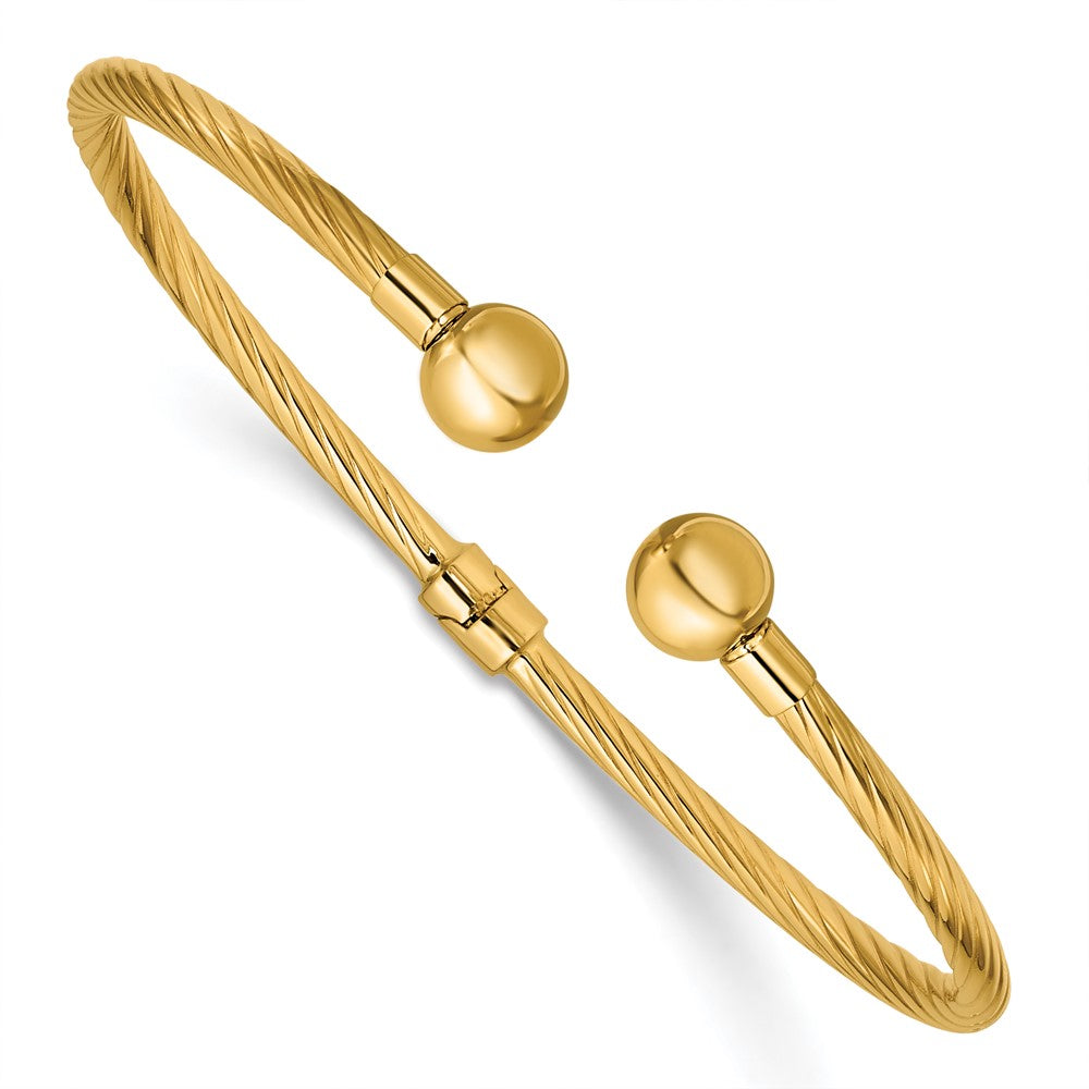 14K Polished and Twisted with Beads Hinged Cuff Bangle
