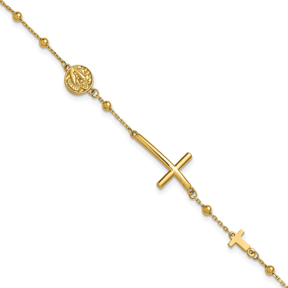 14K Polished Cross and Beaded Bracelet