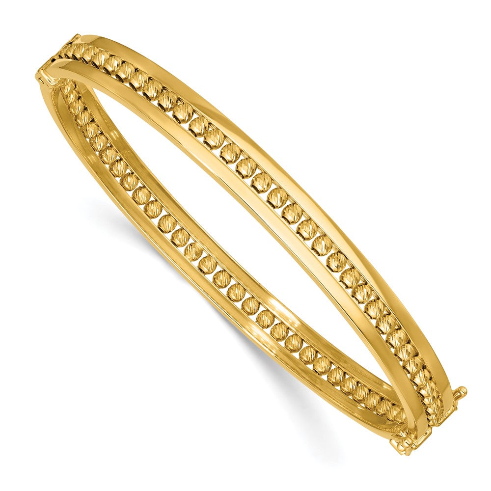14K Polished and Diamond-cut Beaded Hinged Bangle