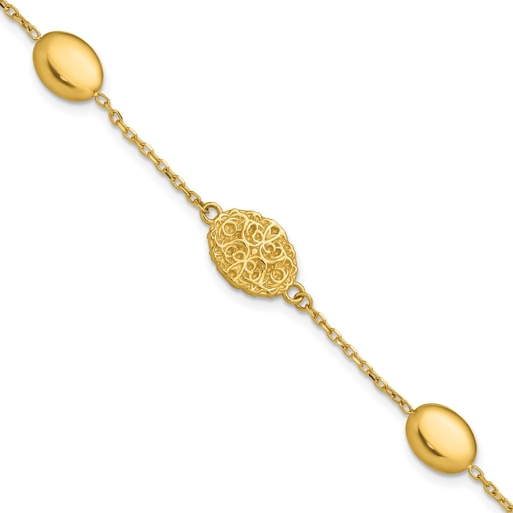 14K Polished Oval Textured with .5in Ext. Fancy Bracelet